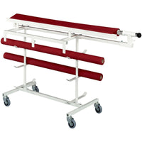 Le présentoir à rouleaux « Saaleindecker » de Duni GmbH | 1 rouleau est un chariot métallique blanc muni d'un couvercle rouge, d'une poignée, de crochets et de pieds de soutien — idéal pour organiser et distribuer un rouleau lors d'événements ou pour préparer de longues rangées de tables.