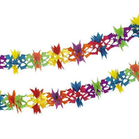 The PAPSTAR The "Fantasy" garland is a 6-meter-long paper garland (Ø 17 cm) featuring colorful cut-out shapes in red, yellow, green, blue, purple, and orange that will make your party shine. The perfect, vibrant decoration for the PAPSTAR GmbH. Depicted as two overlapping strands.