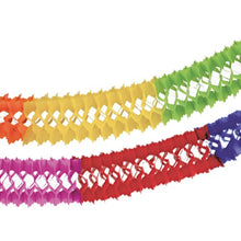 Die PAPSTAR GmbH Papier Girlande "Intensive" (Ø 16 cm, 4 m, schwer entflammbar) zeigt leuchtend grüne, gelbe, orange, lila, rote und blaue Segmente in einem Wabenmuster - die ideale Dekoration für jede Feier.