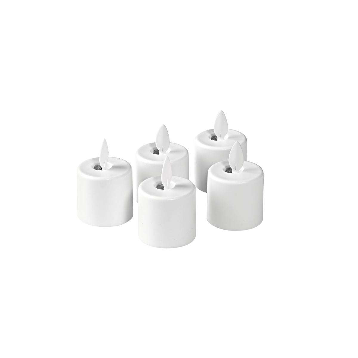 Cinque candele di ricambio a LED bianco caldo (38x36 mm) della Duni GmbH con effetti di fiamma mobili rendono il set monopezzo un'opzione ideale per una luce accogliente e a batteria.