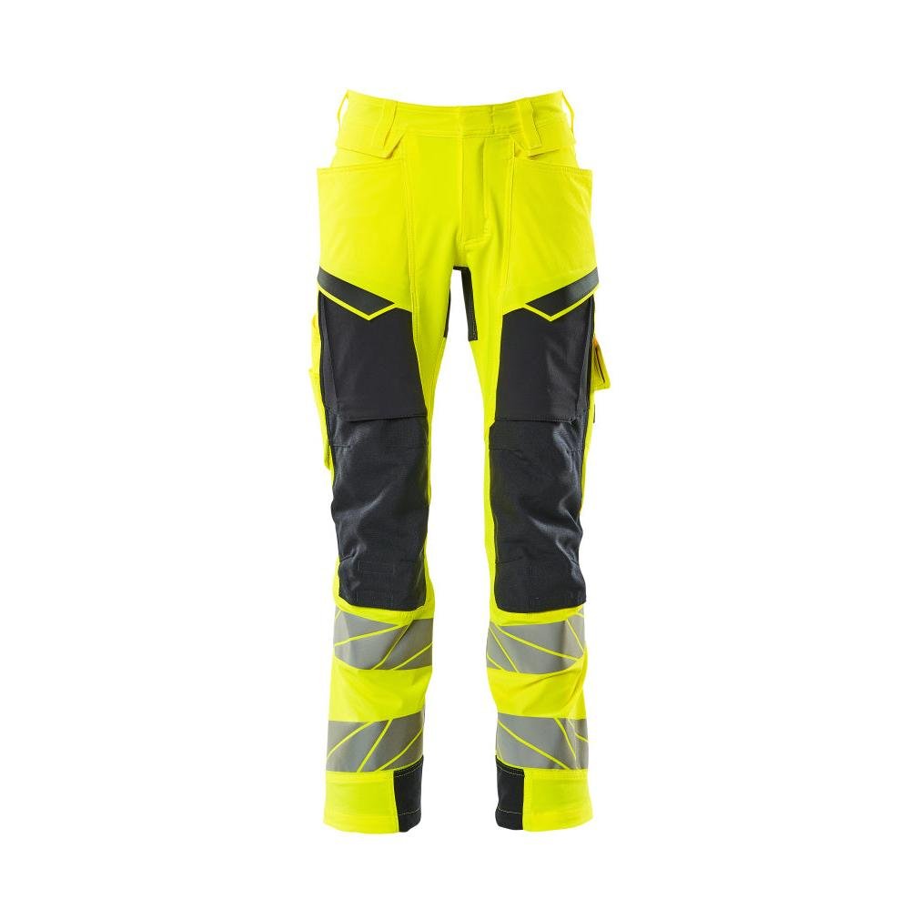 Pantaloni con tasche al ginocchio, pantaloni ULTIMATE STRETCH, colore giallo alta visibilità/nero-blu