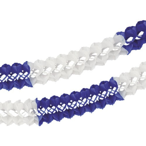 Two PAPSTAR large room garlands (Ø 16 cm, 10 m, flame retardant) in white and dark blue/white from PAPSTAR GmbH create an elegant decor with additional fire safety diagonally on a white background.