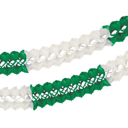 Two PAPSTAR large room garlands (paper, flame retardant, Ø 16 cm · 10 m) from PAPSTAR GmbH are depicted with a green-white, alternating zigzag pattern and are therefore ideal as decoration against a simple white background.