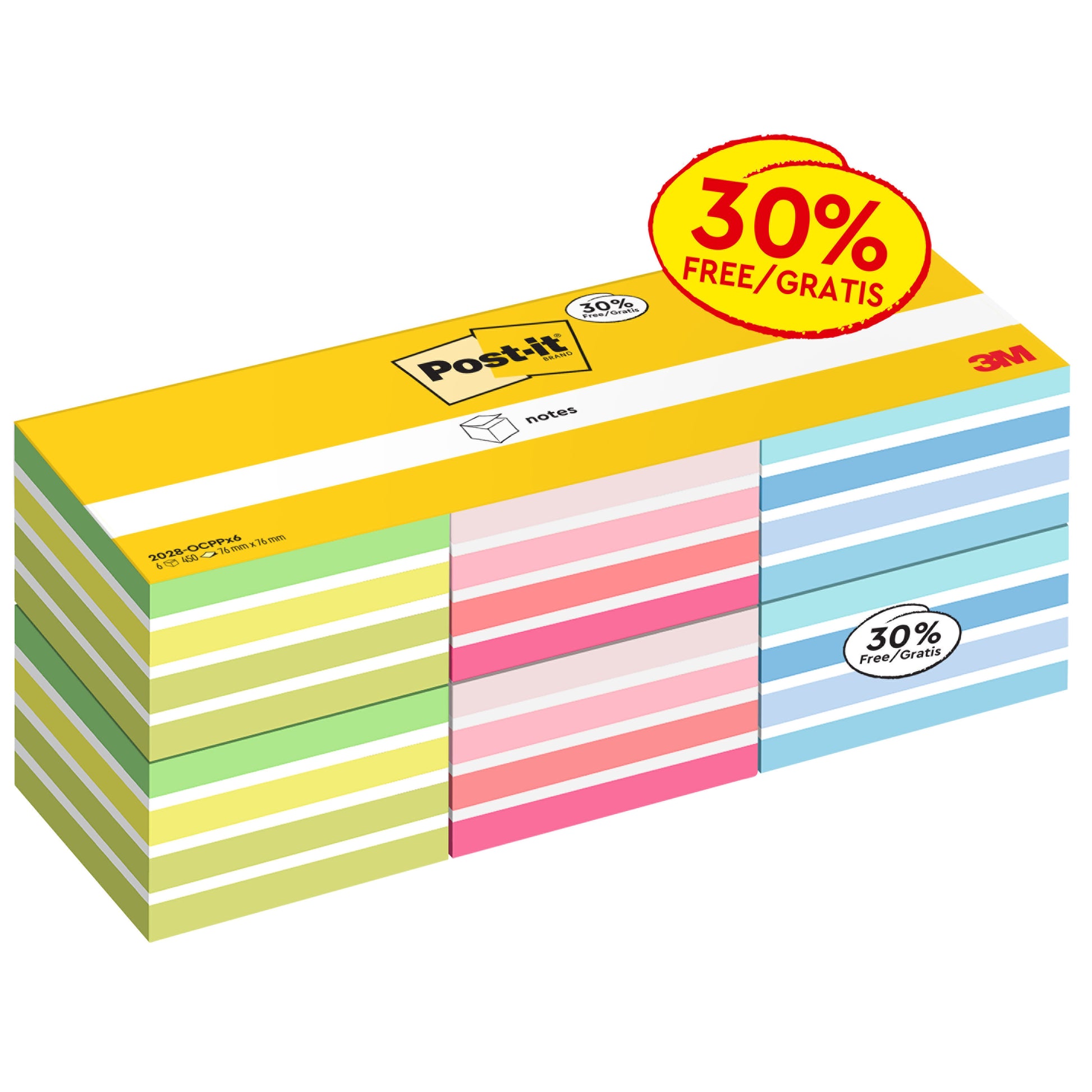 Eine Packung Post-it® Notes Würfel von 3M Deutschland GmbH, 76x76 mm, 450 Blatt/Block, 6 Blöcke/Packung in verschiedenen Farben; mit gelbem "30% Free/Gratis"-Banner und dem 3M-Logo unten rechts auf der Verpackung.