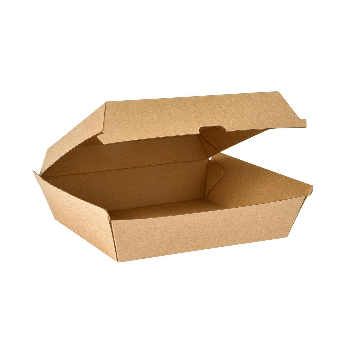 A BioPak Clam Box Dinner Brown Carton FSC 178x160x75 from Duni GmbH is seen open with a raised lid on a white background. The empty FSC-certified box emphasizes its function as sustainable packaging.