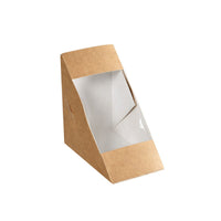The box for 2 sandwich triangles with a PLA window (590 ml, 175x75x90 mm) from Duni GmbH is made of brown cardboard and is shown empty and standing upright against a white background. Pack of 650.