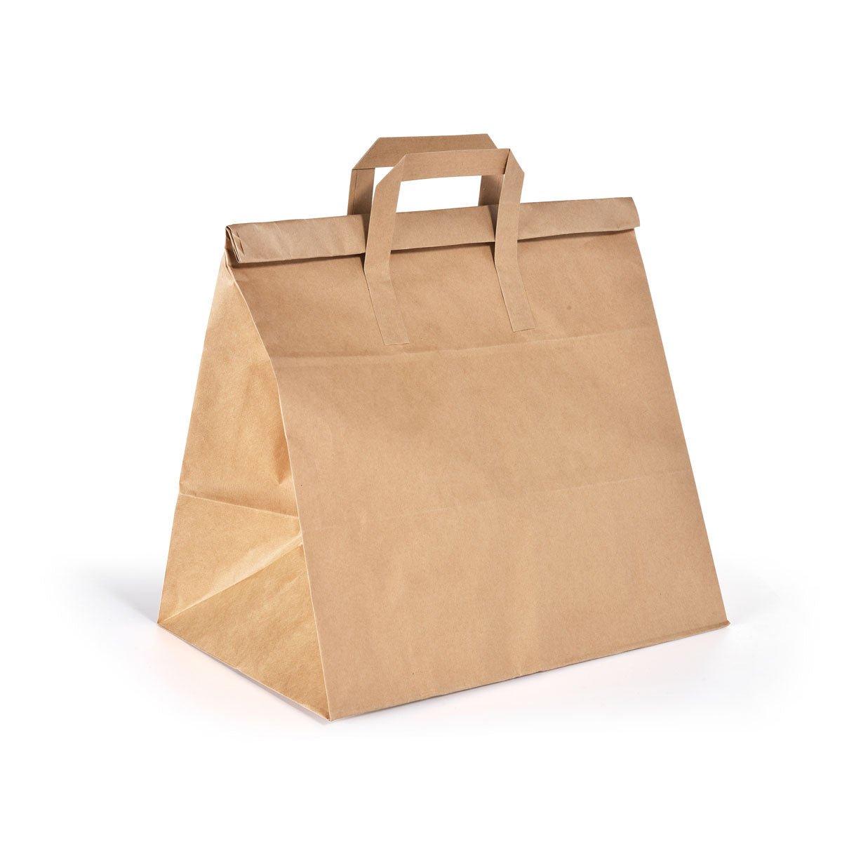 Ein BioPak Foldbag Large Braun Papier FSC 320x210x340 von Duni GmbH steht aufrecht auf weißem Grund, mit zwei flachen Griffen und einem gefalteten Deckel für eine zeltartige Form - ideale, umweltfreundliche Papiertüten. Die Packung enthält 250 Stück.