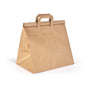 Ein BioPak Foldbag Large Braun Papier FSC 320x210x340 von Duni GmbH steht aufrecht auf weißem Grund, mit zwei flachen Griffen und einem gefalteten Deckel für eine zeltartige Form - ideale, umweltfreundliche Papiertüten. Die Packung enthält 250 Stück.