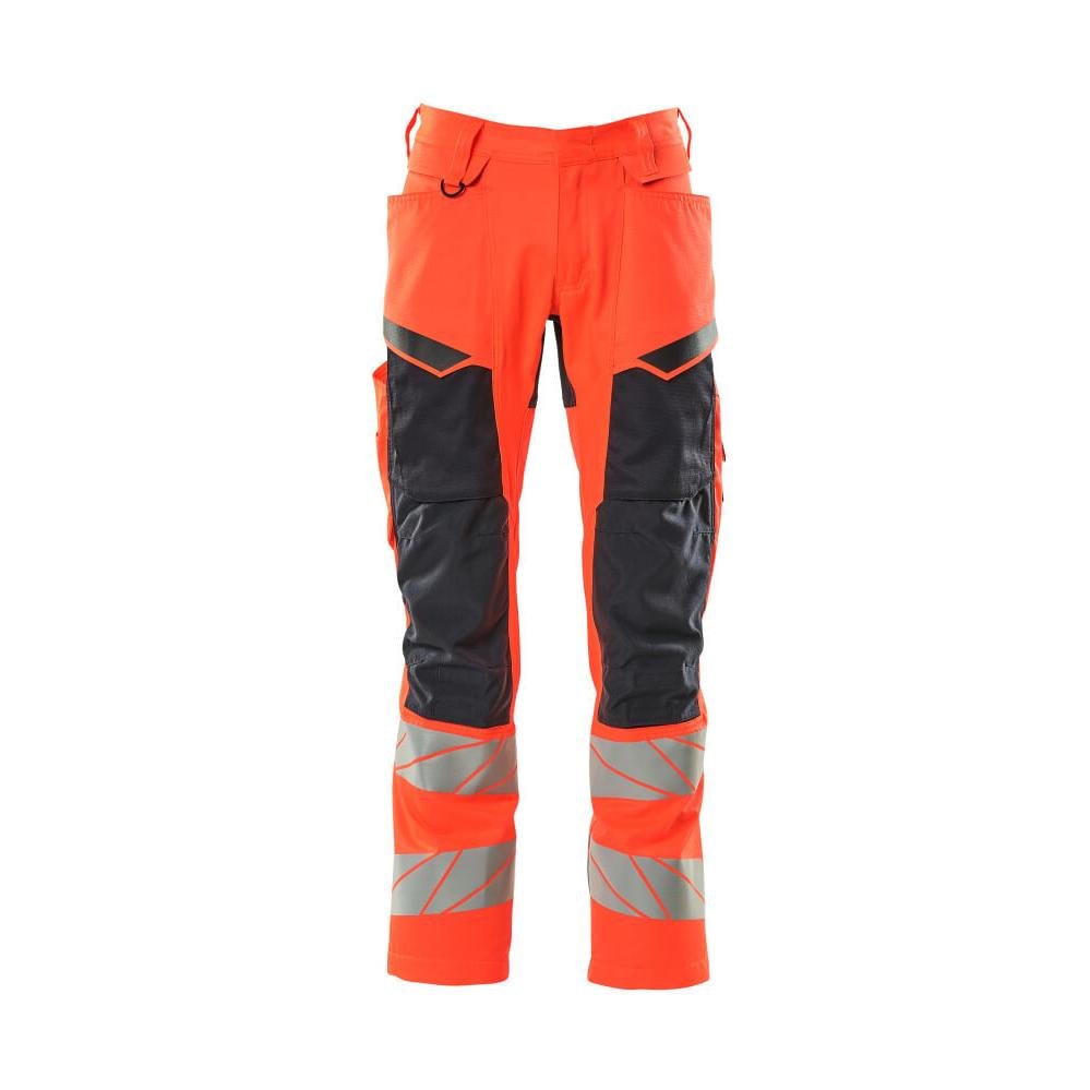 Pantaloni con tasche al ginocchio, pantaloni con inserti stretch, colore rosso/nero-blu alta visibilità