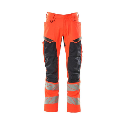 Pantaloni con tasche al ginocchio, pantaloni con inserti stretch, colore rosso/nero-blu alta visibilità
