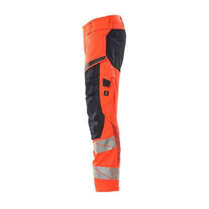 Pantaloni con tasche al ginocchio, pantaloni con inserti stretch, colore rosso/nero-blu alta visibilità