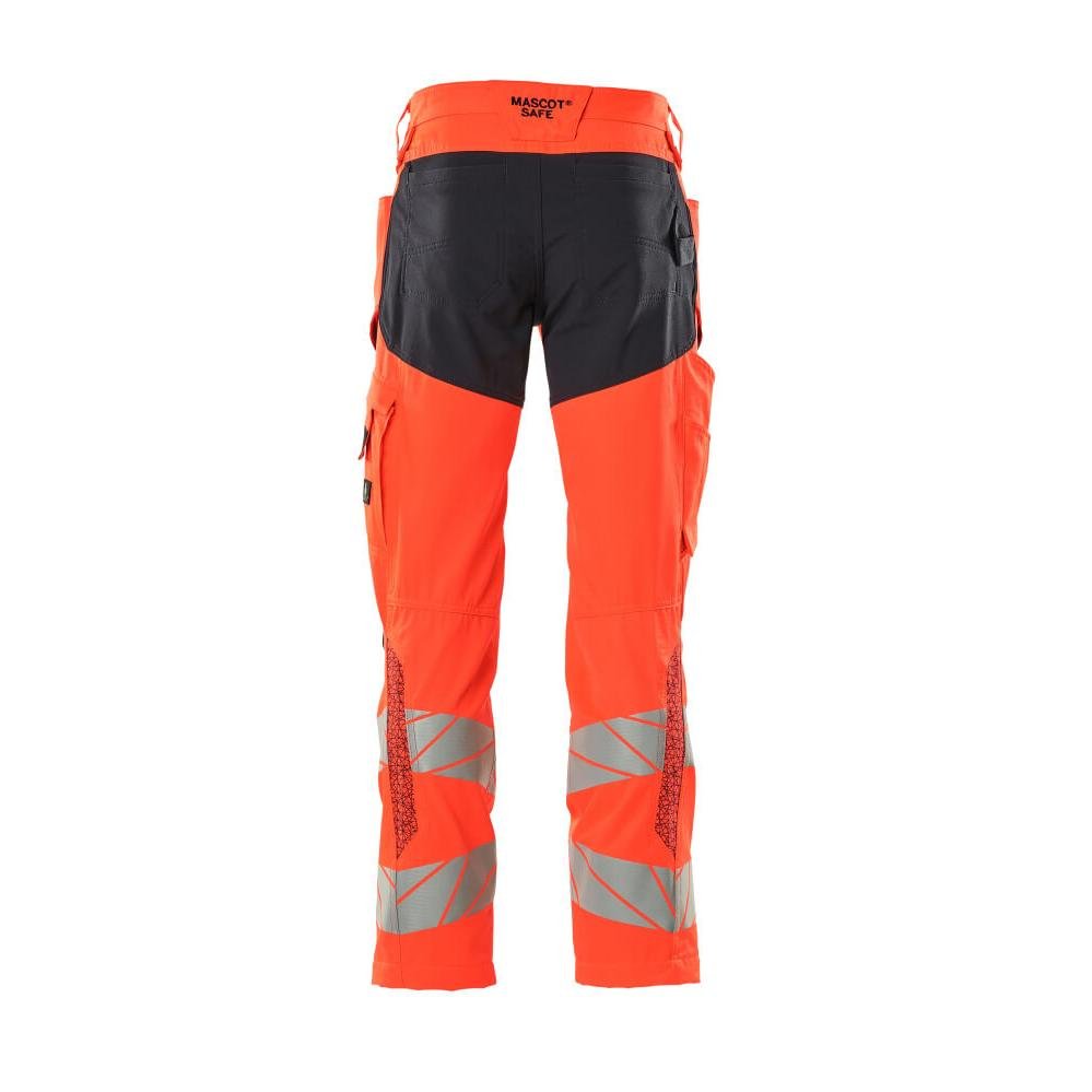 Pantaloni con tasche al ginocchio, pantaloni con inserti stretch, colore rosso/nero-blu alta visibilità