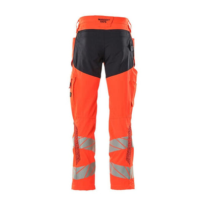 Pantaloni con tasche al ginocchio, pantaloni con inserti stretch, colore rosso/nero-blu alta visibilità