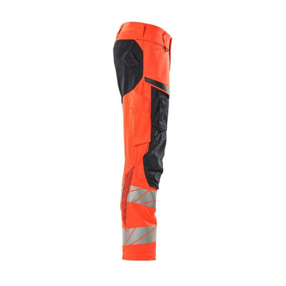 Pantaloni con tasche al ginocchio, pantaloni con inserti stretch, colore rosso/nero-blu alta visibilità
