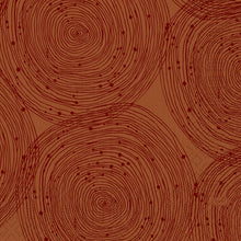 Die Duni GmbH Zelltuchservietten 33 x 33 cm 3lagig 1/4 Falz Earthy (250 Stück) zeigen dunkelrote, sich überlagernde Spiralen und verstreute Punkte auf braunem Hintergrund, die einen abstrakten, strukturierten Look erzeugen.