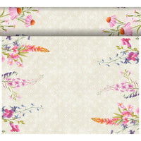 A cream-colored background with a geometric pattern and vibrant watercolor flowers in the corners reflects the fresh, weather-resistant charm of the DC-Tete a Tete 0.4x24m from Duni GmbH—ideal for stylishly designing outdoor spaces.