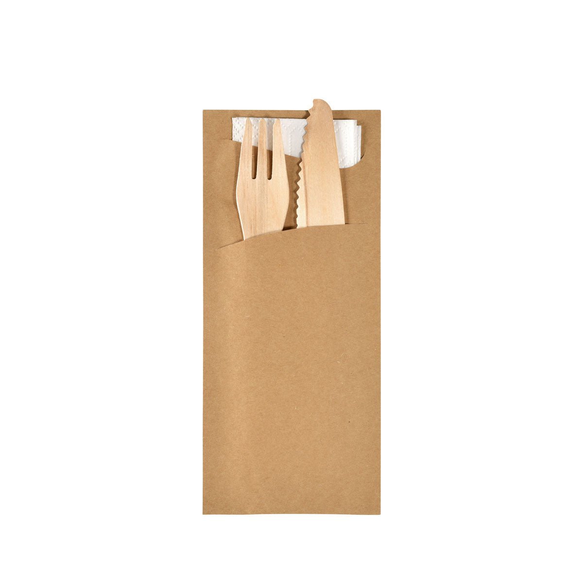 The Sacchetto napkin with wooden cutlery 190 x 85 mm EcoBrown/white from Duni GmbH is a pack of 50 eco-friendly sets, each in a brown bag with a wooden fork, knife, and white napkin, neatly arranged on a white background.