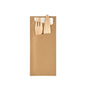 The Sacchetto napkin with wooden cutlery 190 x 85 mm EcoBrown/white from Duni GmbH is a pack of 50 eco-friendly sets, each in a brown bag with a wooden fork, knife, and white napkin, neatly arranged on a white background.
