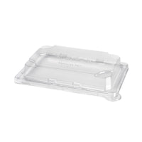 The rPET Sushi Small Lid from Duni GmbH is a transparent, rectangular lid (195x139x33 mm) with raised edges and a flat center—ideal for sustainable packaging. It comes in packs of 50.