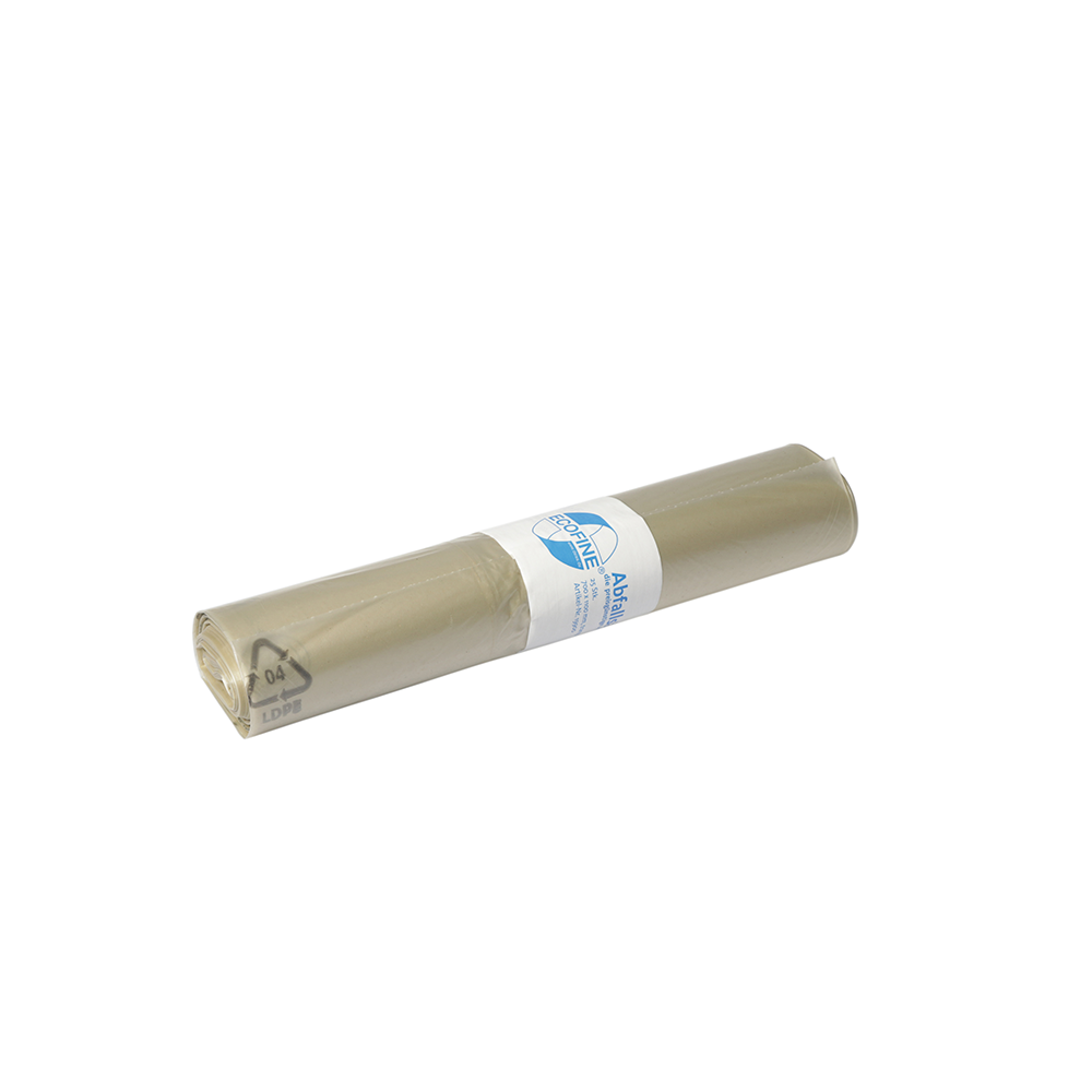 È raffigurato un rotolo di sacchi per rifiuti DEISS ECOFINE® 13900 in LDPE/LLDPE riciclato da 120 litri di EMIL DEISS KG (GmbH + Co.), confezionato in un'etichetta bianca con scritte e grafiche blu, su sfondo bianco.