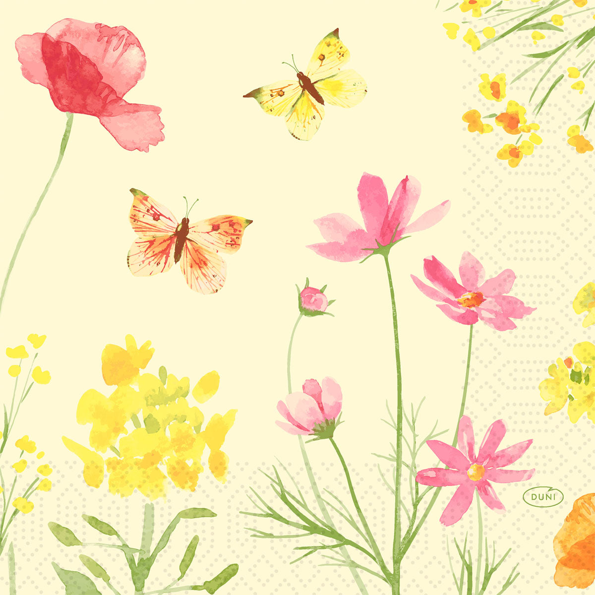 Aquarell-Illustration von rosa und gelben Wildblumen mit Schmetterlingen vor einem hellen Hintergrund - perfekt für Duni GmbH Servietten 33x33 cm, Mohnfeld Design | Packung (50 Stück).