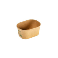 The Duni GmbH BRICK MINI 250 ml cardboard box, made of brown FSC/PLA cardboard (108x80x50 mm), has slightly curved sides and green printing on one side. The photo shows it against a white background. Pack of 60.
