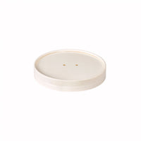 È raffigurato su uno sfondo bianco semplice un coperchio rotondo, piatto e color crema per coppa in cartone da 250/350 ml, bianco, della Duni GmbH (116x116x10 mm, 50 pezzi), con due piccoli fori in prossimità del centro.