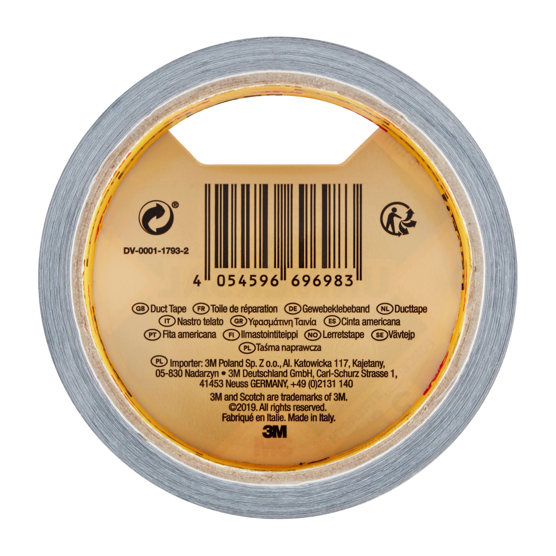 Eine Rolle Scotch® Universal Klebeband 2904 (10 m x 48 mm) der 3M Deutschland GmbH in der Draufsicht mit Barcode, Produktangaben und Übersetzungen für "duct tape" auf dem inneren Pappkern.