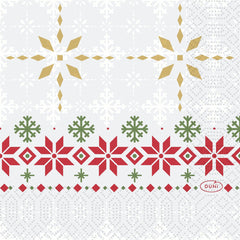 Les serviettes Duni GmbH 24 x 24, 3 couches, gamme « Tradition », arborent des flocons de neige dorés et blancs sur un fond clair, entourés de motifs géométriques rouges et verts, avec le logo Duni en bas à droite. Conditionnement : 50 pièces.