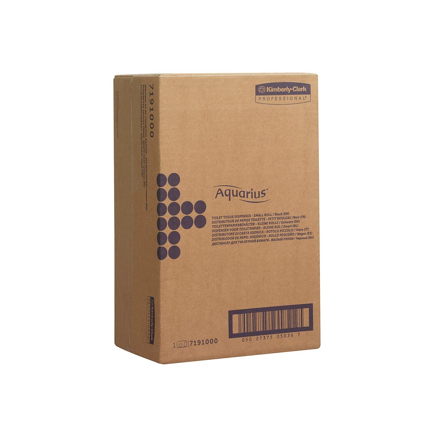 Eine braune Pappschachtel mit der Aufschrift "Aquarius™ Toilet Tissue Spender - Kleinrollen" der Kimberly-Clark GmbH (18 x 29,8 x 12,8 cm) steht aufrecht und ist mit schwarzem Text und Grafiken auf weißem Hintergrund versehen.