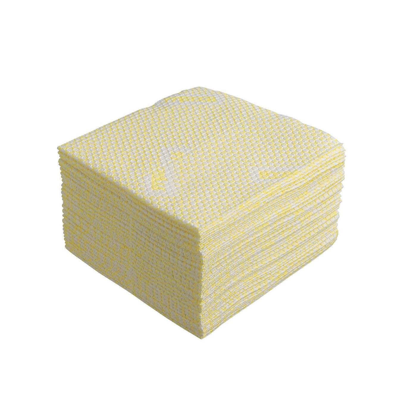 Una pila di panni di pulizia WypAll® X80 Plus Critical Clean Interfold in Giallo di Kimberly-Clark GmbH, strutturati e disposti a forma di cubo, ideale per aree critiche - 8 sacchetti con 30 panni ciascuno nella scatola.