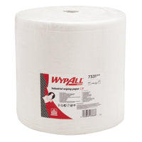 Un rotolo grande di carta assorbente WypAll® L30 della Kimberly-Clark GmbH, con etichetta rossa e bianca, dettagli sul prodotto e un’illustrazione relativa alla pulizia industriale. 1 rotolo, extra largo e lungo, 1000 fogli.