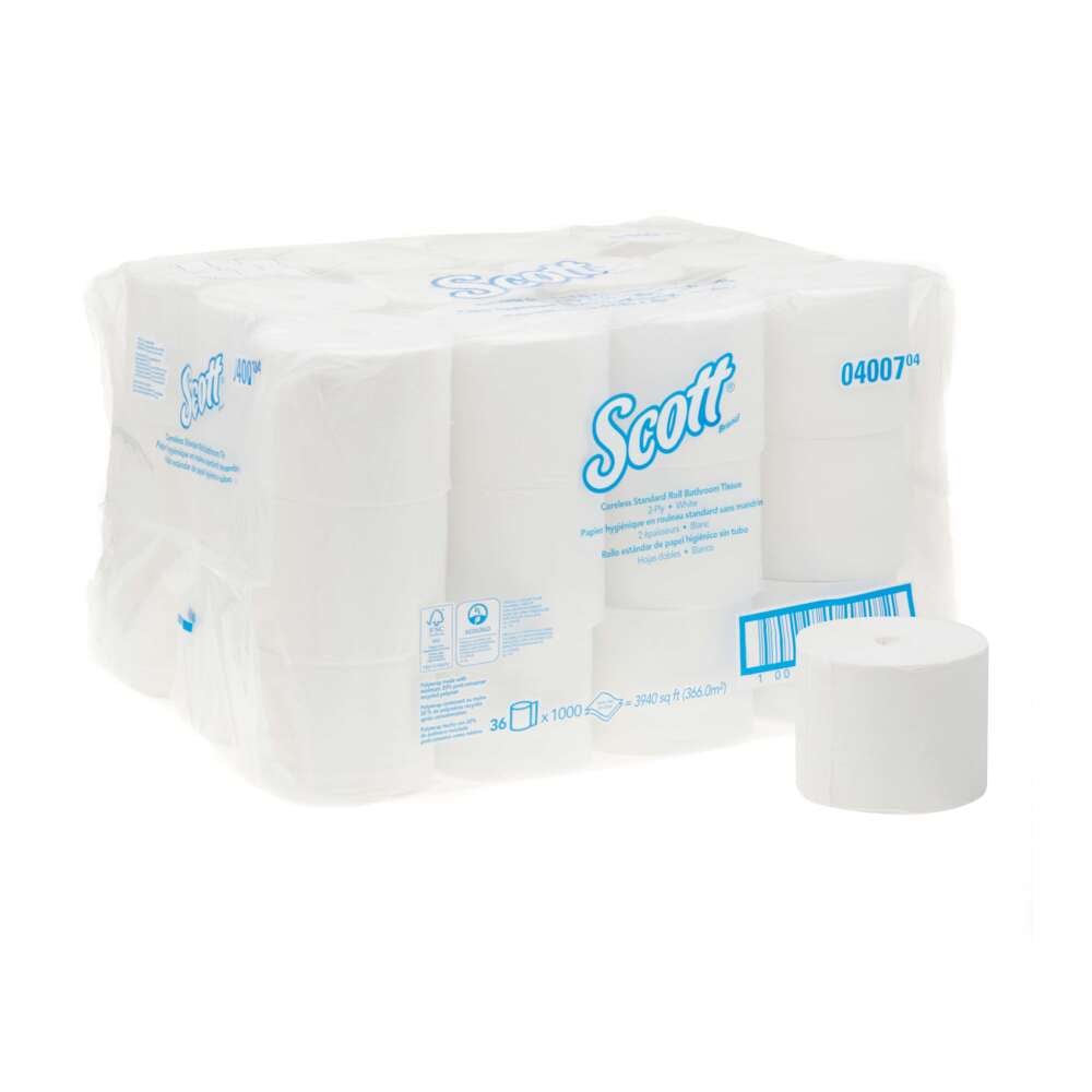 Eine Packung Scott® Essential™ Toilettenpapierrollen - Coreless / Weiß von Kimberly-Clark GmbH, enthält 36 kleine Rollen x 1000 Blatt, verpackt in transparentem Kunststoff; eine Rolle ist vorne außerhalb des Kartons angebracht.