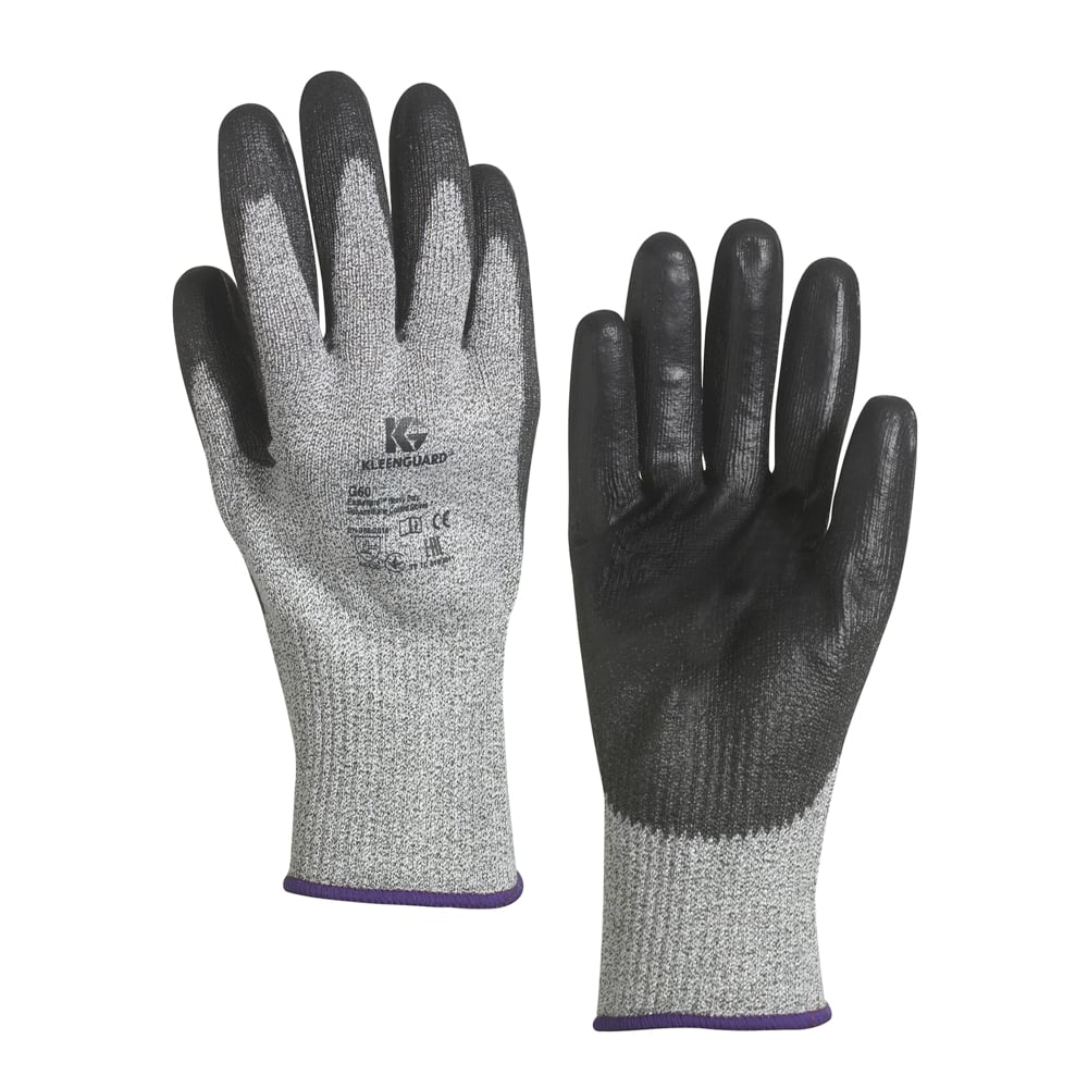 Ein Paar graue und schwarze KleenGuard® G60 Endurapro™ schnittfeste Handschuhe Level 5 von Kimberly-Clark GmbH, handbezogen, mit gummibeschichteten Handflächen und Fingern, abgebildete Handfläche und Rückseite mit Sicherheitssymbolen und Schnittfestigkeitsklasse.