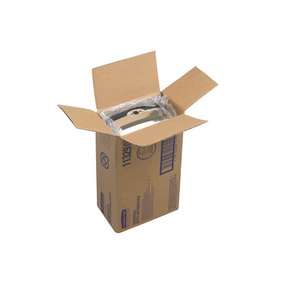 Una scatola con la parte superiore aperta contiene un dispenser elettronico per la cura della pelle Kimberly-Clark Professional™, erogazione senza contatto, 1,2 Ltr cassetta cromata (Kimberly-Clark GmbH), parzialmente avvolto in pluriball; codici a barre e testo sono stampati sui lati della scatola.