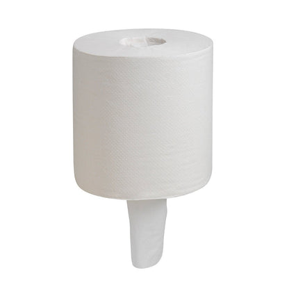 Une grande rouleau blanc de chiffons WypAll® L10 ESSENTIAL - distribution centrale de Kimberly-Clark GmbH est illustrée avec une feuille pendante au milieu devant un fond blanc simple. Emballage : 6 rouleaux x 1 feuille | Carton.