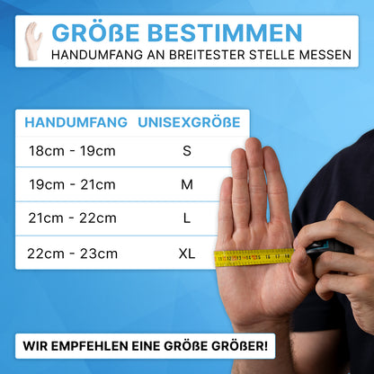 Eine Person misst den Handumfang mit einem gelben Band durch eine Unisex-Handschuhgrößentabelle auf blau, mit ARNOMED VINYL PF tastsensible Einmalhandschuhe aus Vinyl von ARNOWA GmbH für eine bequeme, präzise Passform.