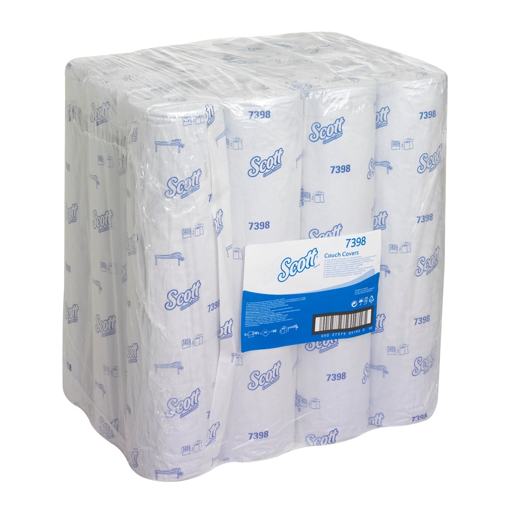 Ein großer, in Kunststoff verpackter Karton der Kimberly-Clark GmbH enthält 12 weiße Scott® EXTRA Ärzterollen (7398), jede Rolle mit blauem Branding - ideal für medizinische Einrichtungen. Blau gekennzeichnete Packung; jede Rolle enthält 140 Blatt.