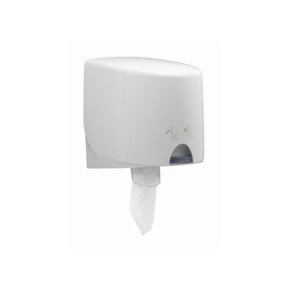 A wall-mounted white WypAll® L10 paper wipe dispenser from Kimberly-Clark GmbH holds a single hanging sheet; clear symbols show correct and incorrect central dispensing methods for hygienic, food-safe towel use. 6 rolls x 800 sheets per box.