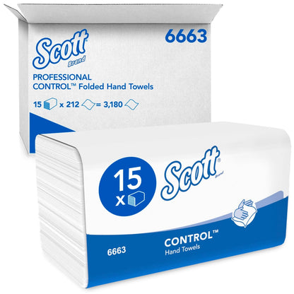 Une boîte de serviettes pliées Scott® CONTROL™ - Blanc de Kimberly-Clark GmbH contient 15 paquets de 212 feuilles chacun (total : 3.180 feuilles) pour un séchage des mains hygiénique. Le numéro de produit 6663 est visible sur l'emballage.