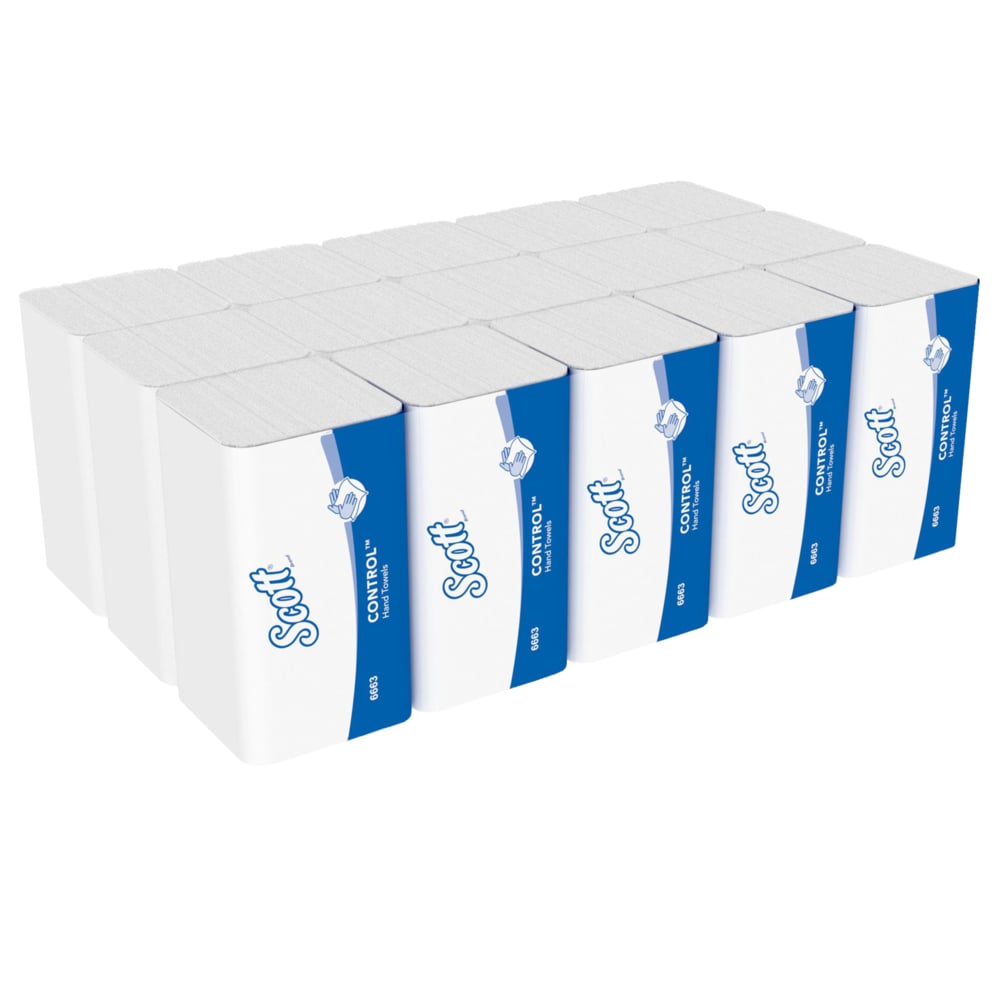 Une pile de serviettes pliées Scott® CONTROL™ de Kimberly-Clark GmbH en blanc, 15 paquets x 212 feuilles par carton (15 paquets), se distingue par un design absorbant, idéal pour le séchage des mains hygiénique - totalisant 3.180 feuilles.