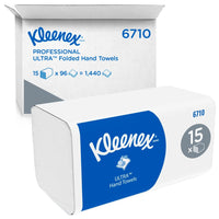 The Kleenex® Ultra™ folded hand towels from Kimberly-Clark GmbH come in a blue-and-white package containing 15 packs of 96 white folded hand towels (1,440 towels total) for hygienic hand drying in any setting.