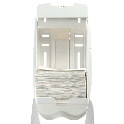 The Aquarius™ toilet paper dispenser by Kimberly-Clark GmbH is a white, wall-mounted dispenser for hygienic storage. It is shown from the front with the lid open and contains folded paper towels with blue markings.