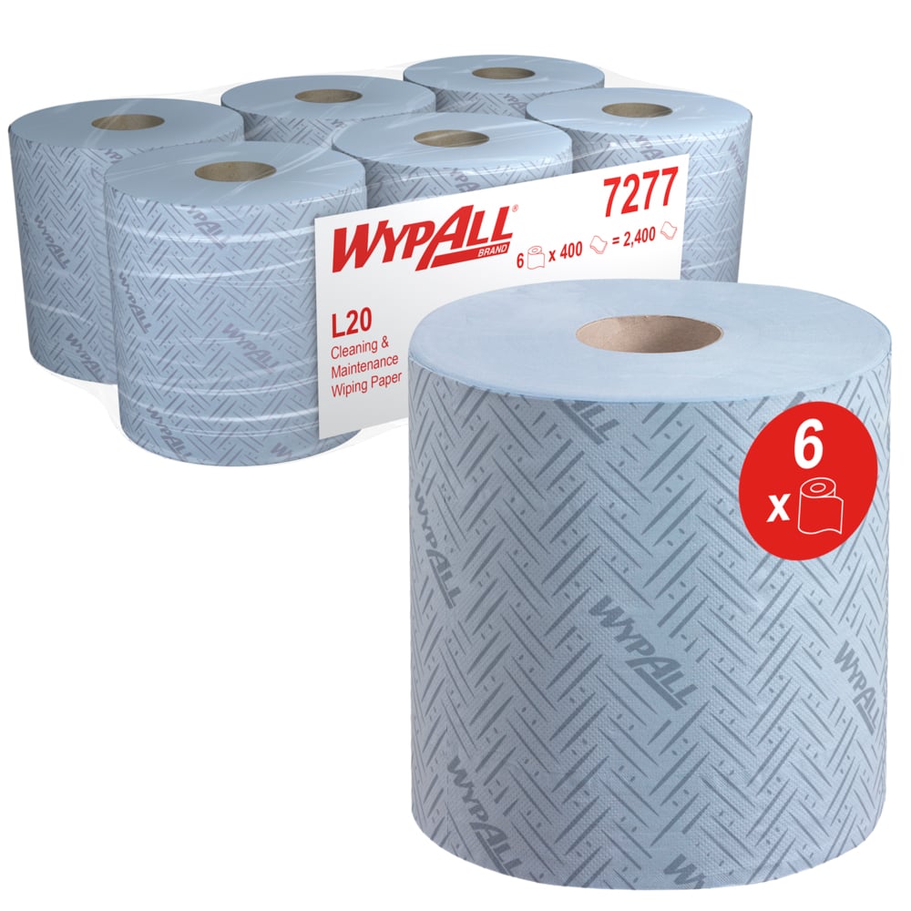 Abgebildet sind sechs Rollen Kimberly-Clark GmbH WypAll® L20 2-lagig blau Papierwischtuch für Instandhaltungsarbeiten (Zentralentnahme), 400 Blatt pro Rolle; auf der Verpackung steht "6 Rollen". Im Vordergrund ist eine Rolle zu sehen.