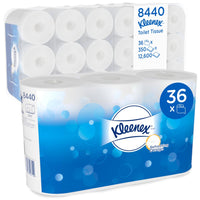 A box from Kimberly-Clark GmbH containing six packs of Kleenex® toilet paper, each with 6 white rolls (350 sheets per roll), for a total of 36 rolls and 12,600 sheets; the packaging is white and blue.