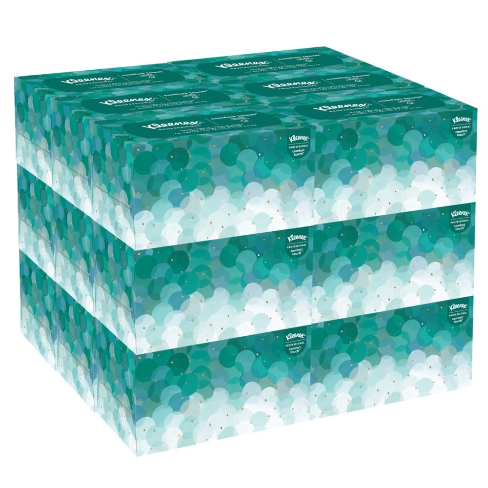 Trois rangées de quatre mouchoirs Kleenex® Ultra™ (Interfold, blanc, moyen, 70 pièces/boîte) de la société Kimberly-Clark GmbH sont empilées ; chaque boîte présente un motif circulaire vert et blanc, le logo Kleenex à gauche, pour des mains hygiéniques.