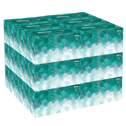 Trois rangées de quatre mouchoirs Kleenex® Ultra™ (Interfold, blanc, moyen, 70 pièces/boîte) de la société Kimberly-Clark GmbH sont empilées ; chaque boîte présente un motif circulaire vert et blanc, le logo Kleenex à gauche, pour des mains hygiéniques.
