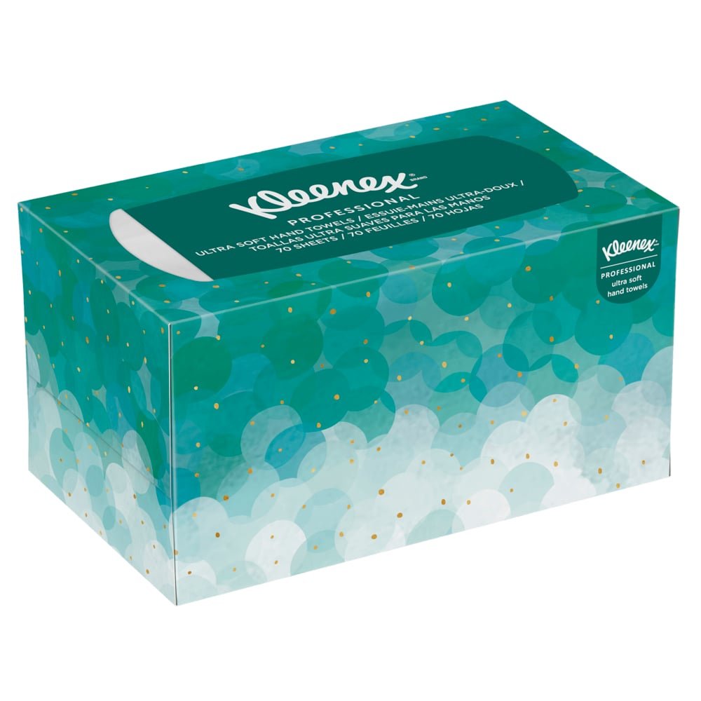 Les mouchoirs Kleenex® Ultra™ Interfold (70 pièces, blanc, moyen) de Kimberly-Clark GmbH sont présentés dans une boîte rectangulaire au design abstrait en bleu sarcelle/bleu avec des accents dorés, dotée d'une fente pour mouchoirs blancs - idéal pour des mains hygiéniques dans un environnement professionnel.