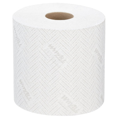 A box contains 6 rolls of WypAll® L10 white hygiene paper wipes from Kimberly-Clark GmbH, each roll with a subtle pattern, "WYPALL" lettering in gray, and a central cardboard tube for easy dispensing.