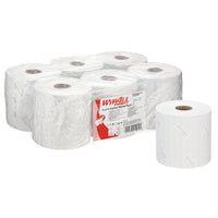 The WypAll® L10 paper towel for food & hygiene from Kimberly-Clark GmbH comes in a carton containing 6 white rolls, each with 800 sheets—ideal for central dispensing in hygienic and food-safe areas.